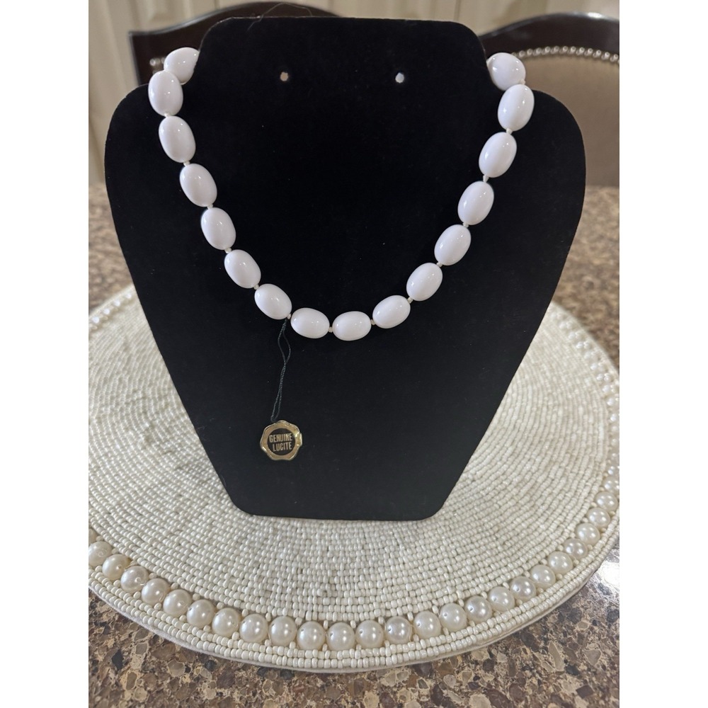 Vintage Single Strand White Oval Bead Lucite Necklace Hand Knotted Made In Japan